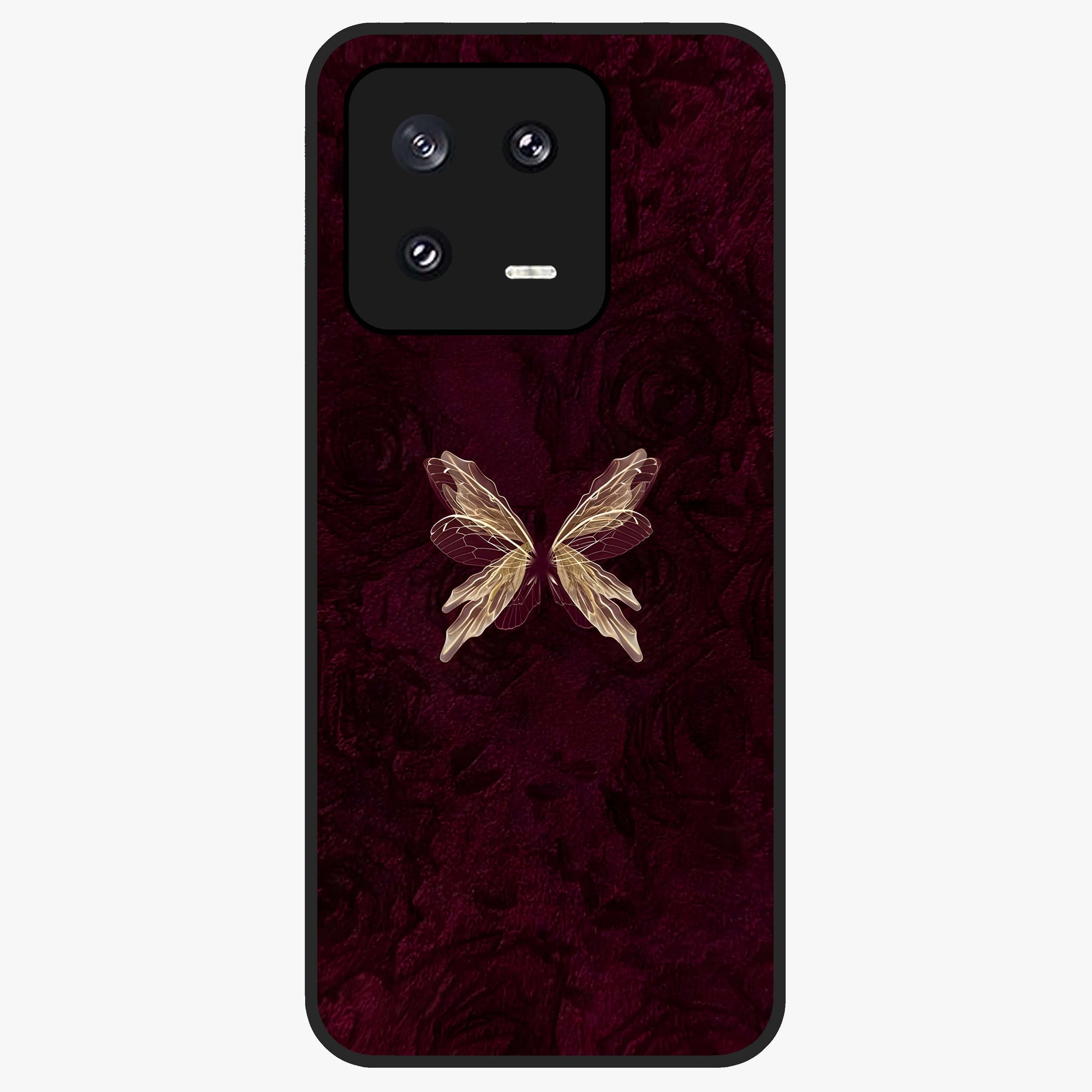 Crimson Fade Butterfly Glass Case showing flat back view with fading butterfly artwork and glossy glass finish.
