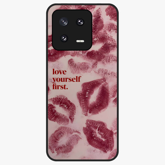 Crimson Kiss Love Glass Case showing flat back view with romantic crimson themed artwork and glossy glass finish.
