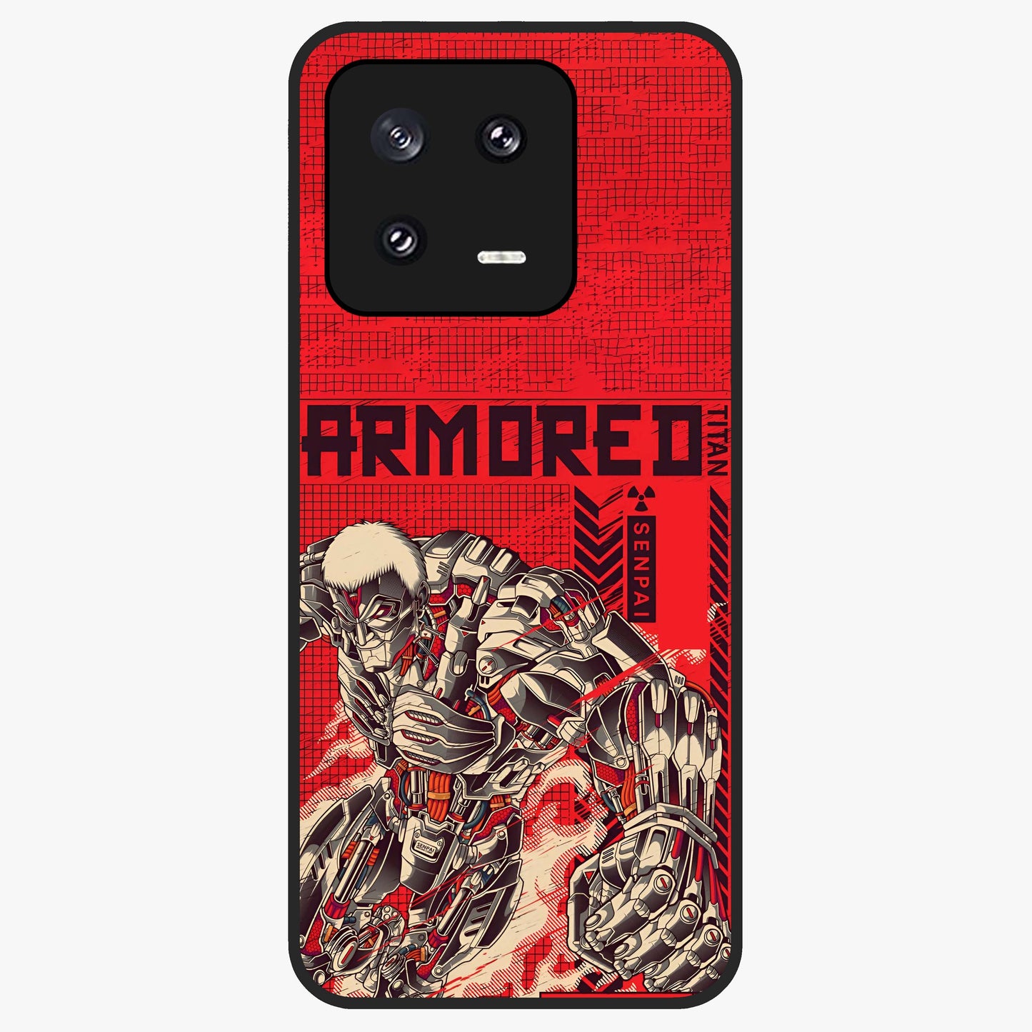 Crimson Mecha Titan Glass Case showing flat back view with powerful mech titan artwork and glossy glass finish.