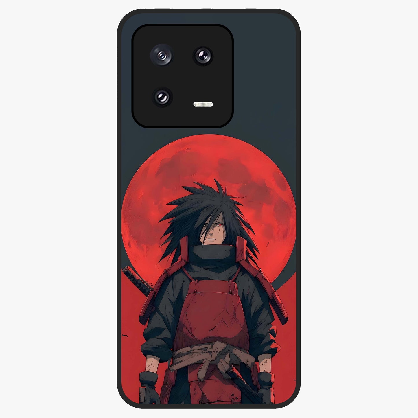 Crimson Moon Warlord Glass Case showing flat back view with mystical moon warrior artwork and glossy glass finish.