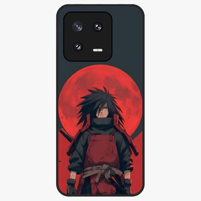 Crimson Moon Warlord Glass Case showing flat back view with mystical moon warrior artwork and glossy glass finish.
