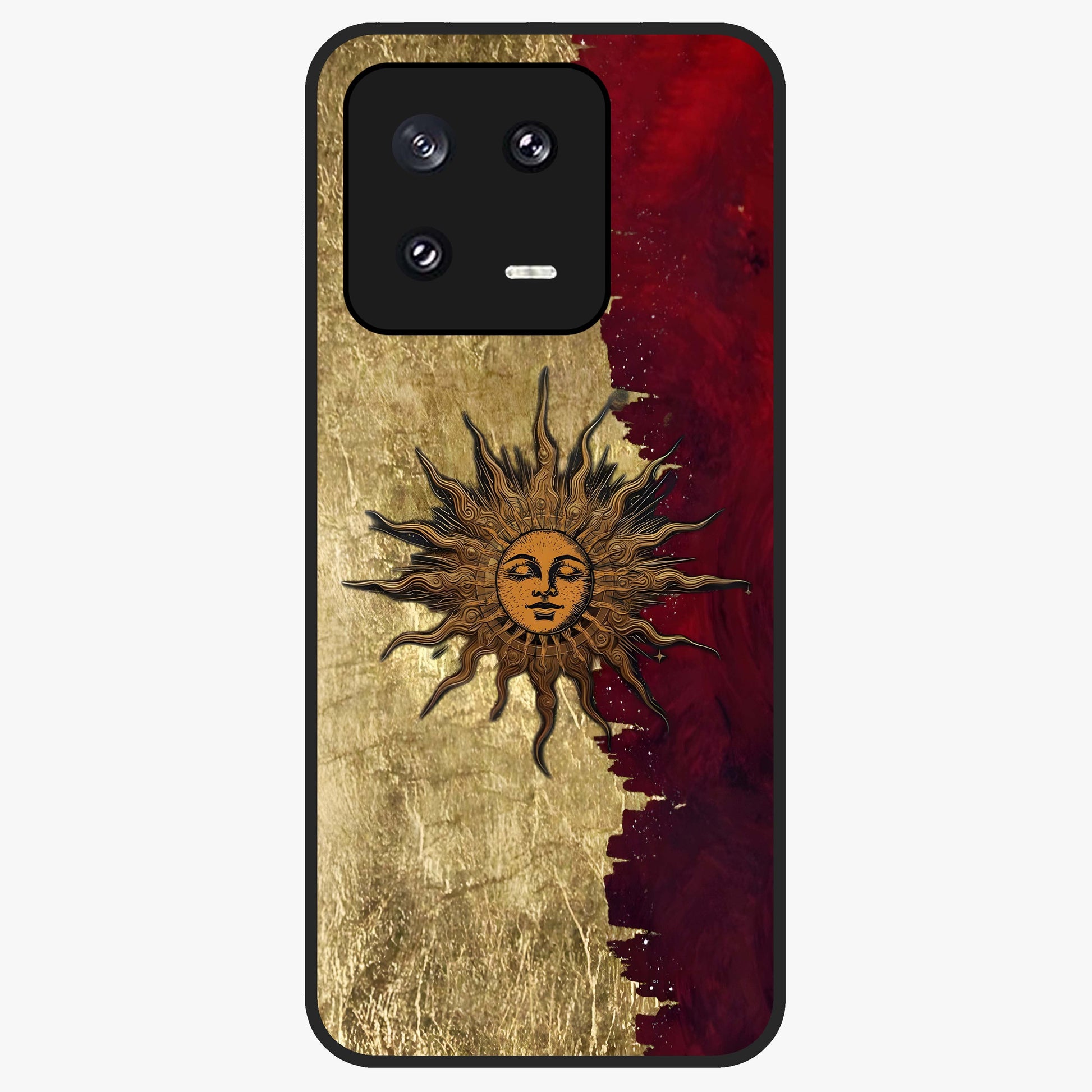 Crimson Sun Majesty Glass Case showing flat back view with radiant sun inspired artwork and glossy glass finish.