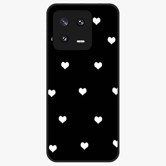 Cute And Simple White Hearts Glass Case showing flat back view with minimal white heart pattern and glossy glass finish.
