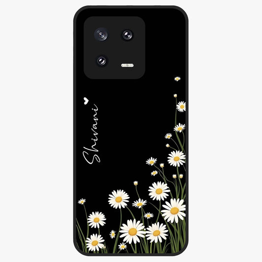 Daisy Cascade Custom Name Glass Case showing flat back view with cascading daisy flowers and personalized name design.