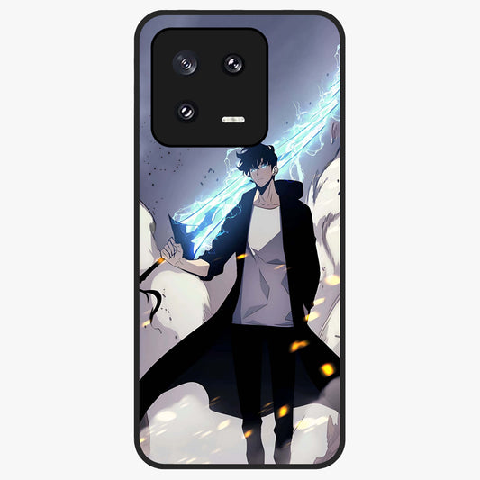 Dark Lightning Anime Warrior Glass Case showing flat back view with intense anime warrior artwork and glossy glass finish.