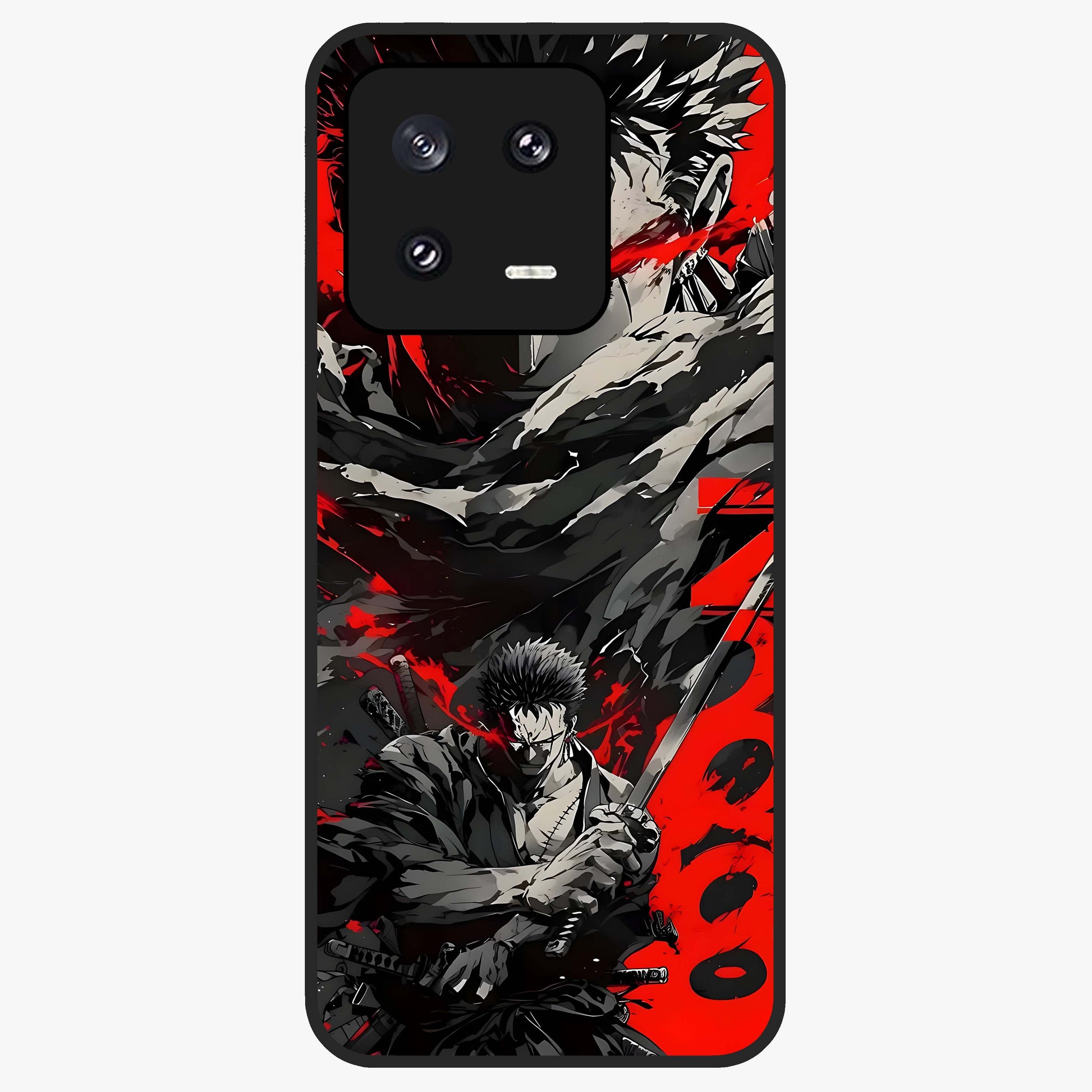 Demon Sword Resolve Glass Case showing flat back view with fierce sword warrior artwork and glossy glass finish.