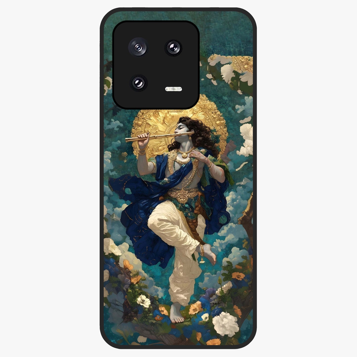 Divine Krishna Art Glass Case showing flat back view with Lord Krishna artwork and glossy glass finish.