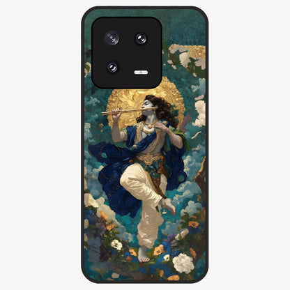 Divine Krishna Art Glass Case showing flat back view with Lord Krishna artwork and glossy glass finish.