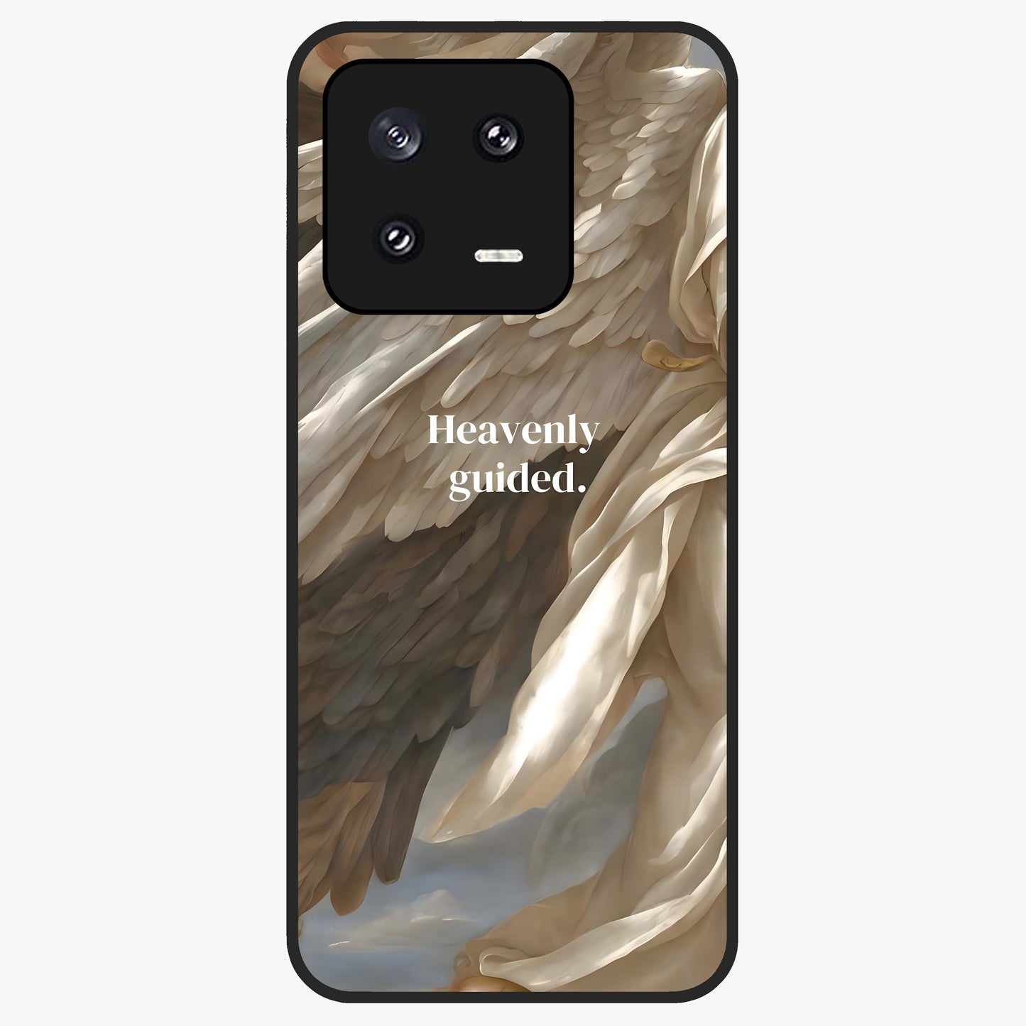 Divine Winged Grace Glass Case showing flat back view with elegant wing inspired artwork and glossy glass finish.