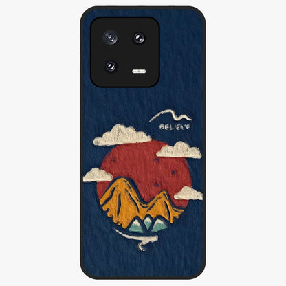 Dream Beyond Mountains Glass Case showing flat back view with scenic mountain landscape artwork and glossy glass finish.