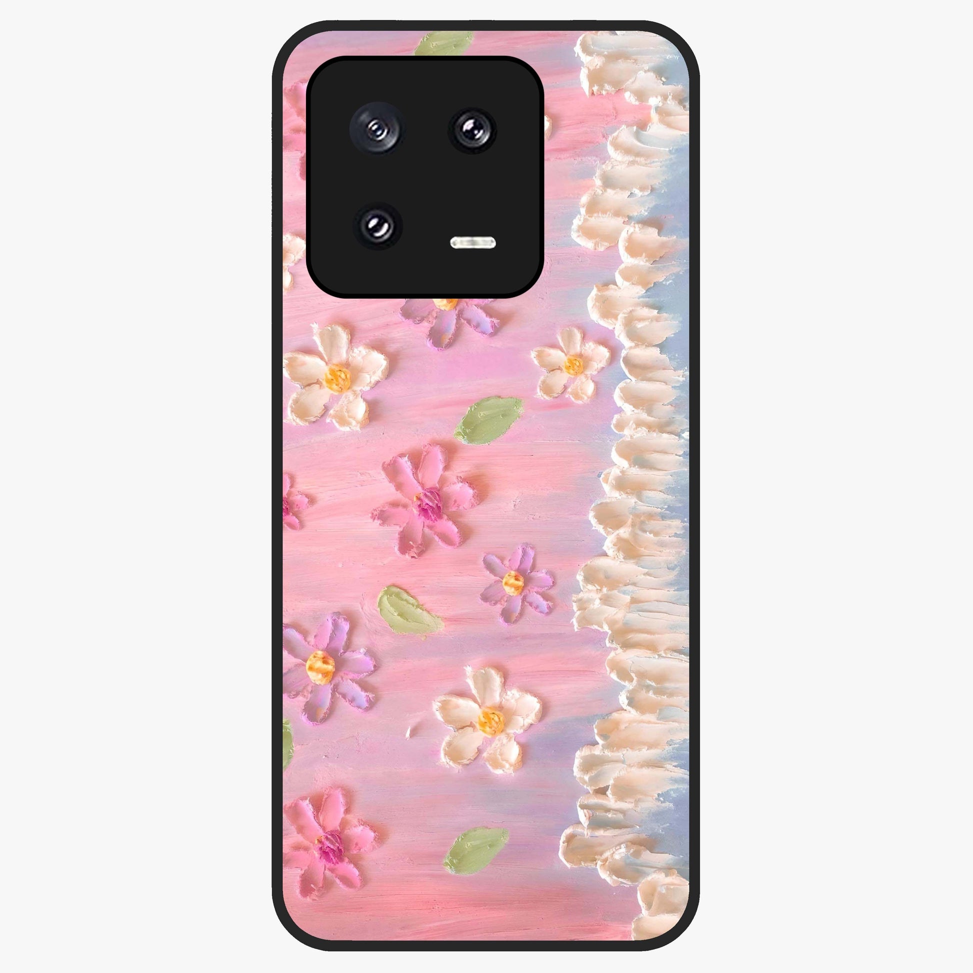 Dreamy Painted Garden Glass Case showing flat back view with artistic painted floral garden artwork and glossy glass finish.