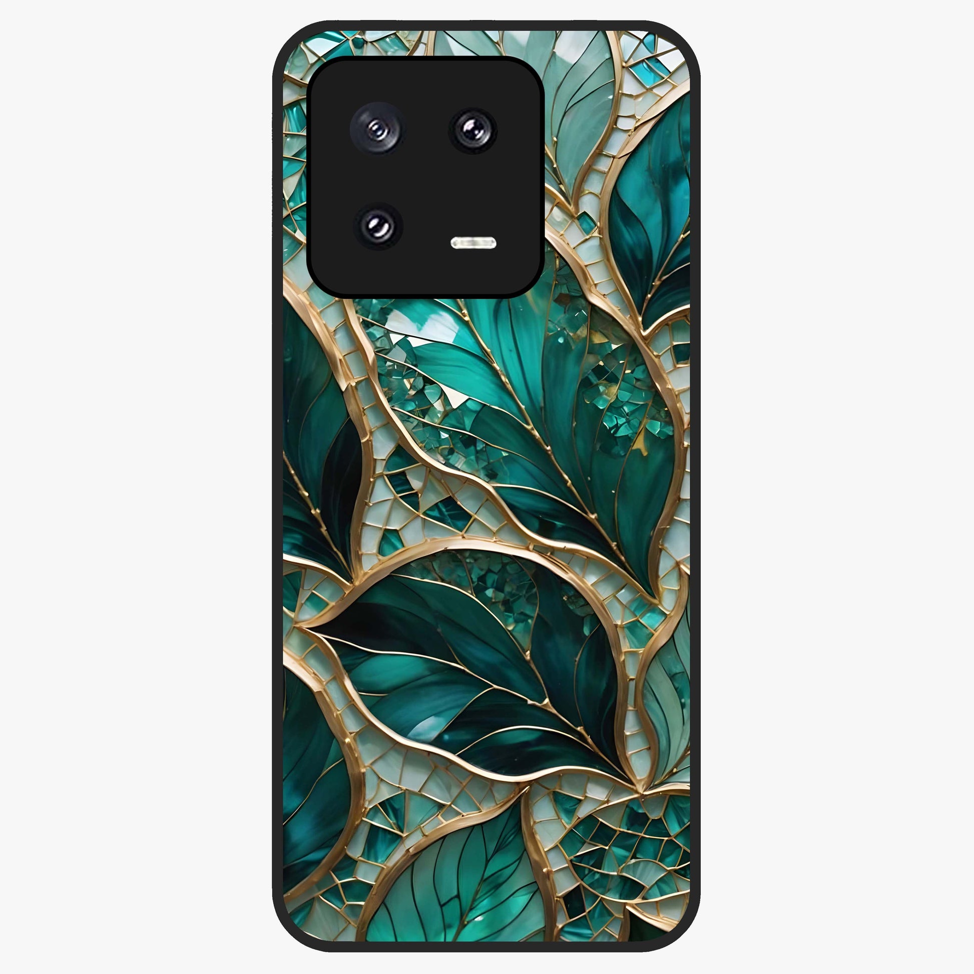 Emerald Leaf Glass Glass Case showing flat back view with emerald green leaf artwork and glossy glass finish.