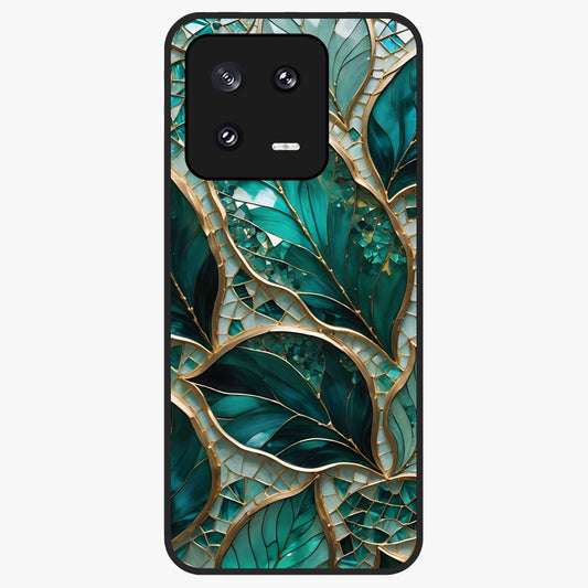 Emerald Leaf Glass Glass Case showing flat back view with emerald green leaf artwork and glossy glass finish.