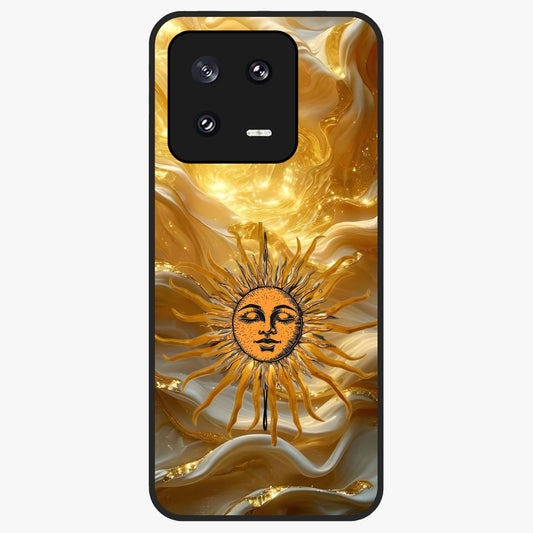 Eternal Golden Glow Glass Case showing flat back view with radiant golden themed artwork and glossy glass finish.