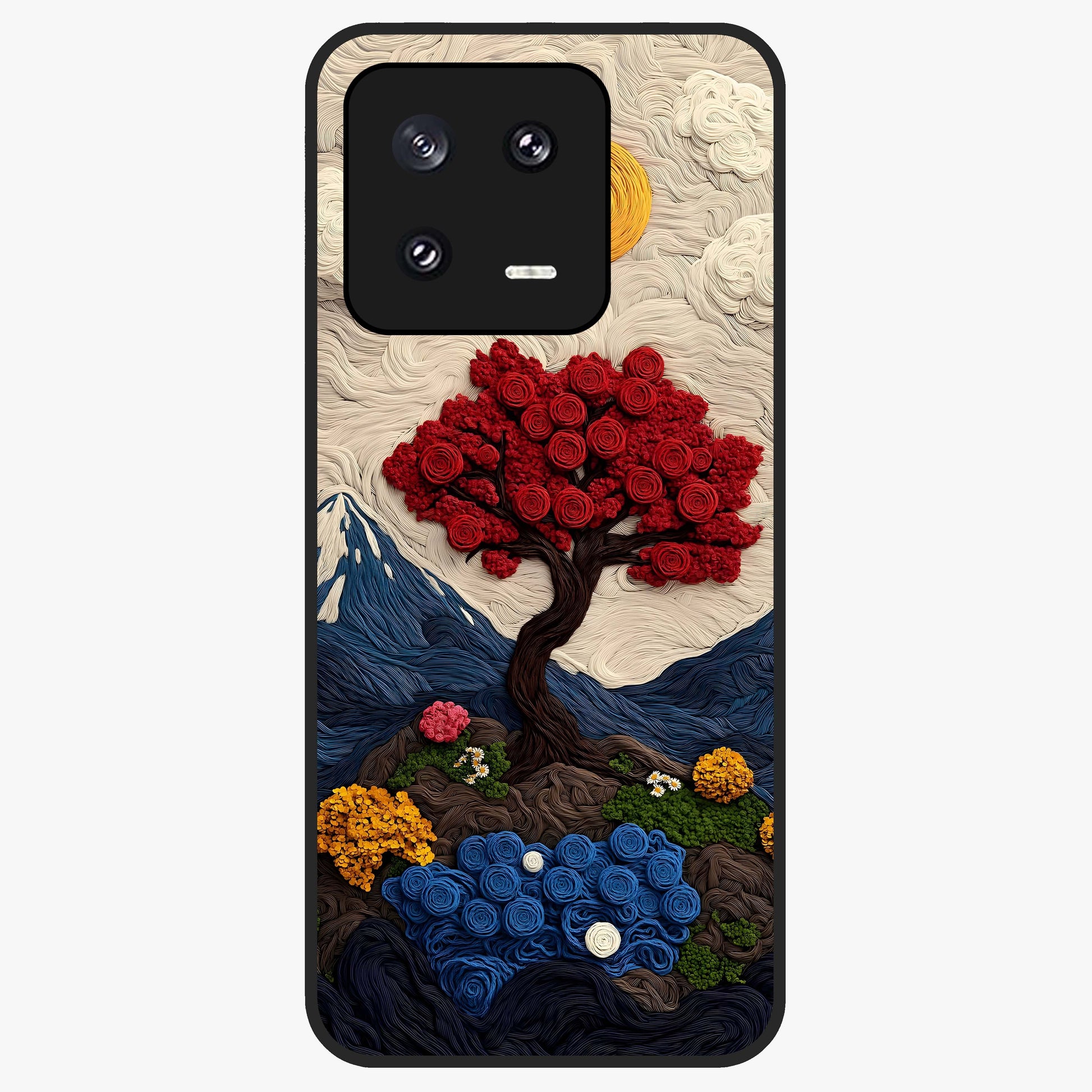 Eternal Nature Tapestry Glass Case showing flat back view with intricate nature tapestry artwork and glossy glass finish.