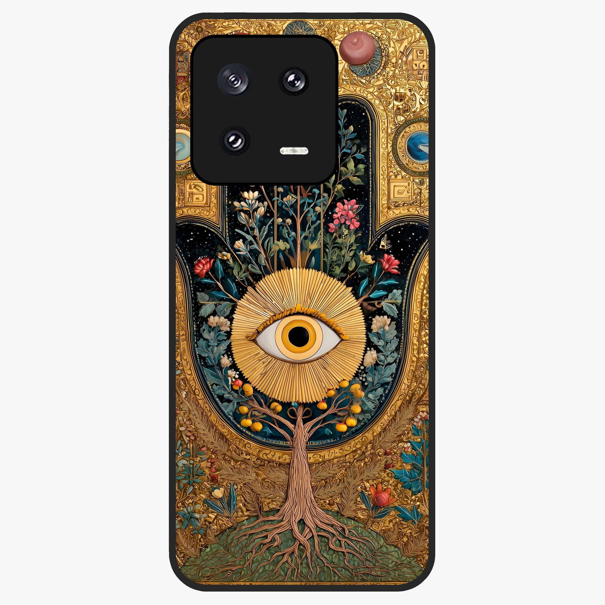 Ethereal Evil Eye Glass Case showing flat back view with mystical evil eye artwork and glossy glass finish.