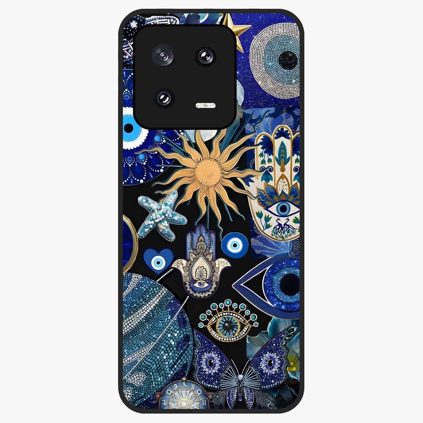 Evil Eye Charm Mix Glass Case showing flat back view with multiple evil eye charms artwork and glossy glass finish.