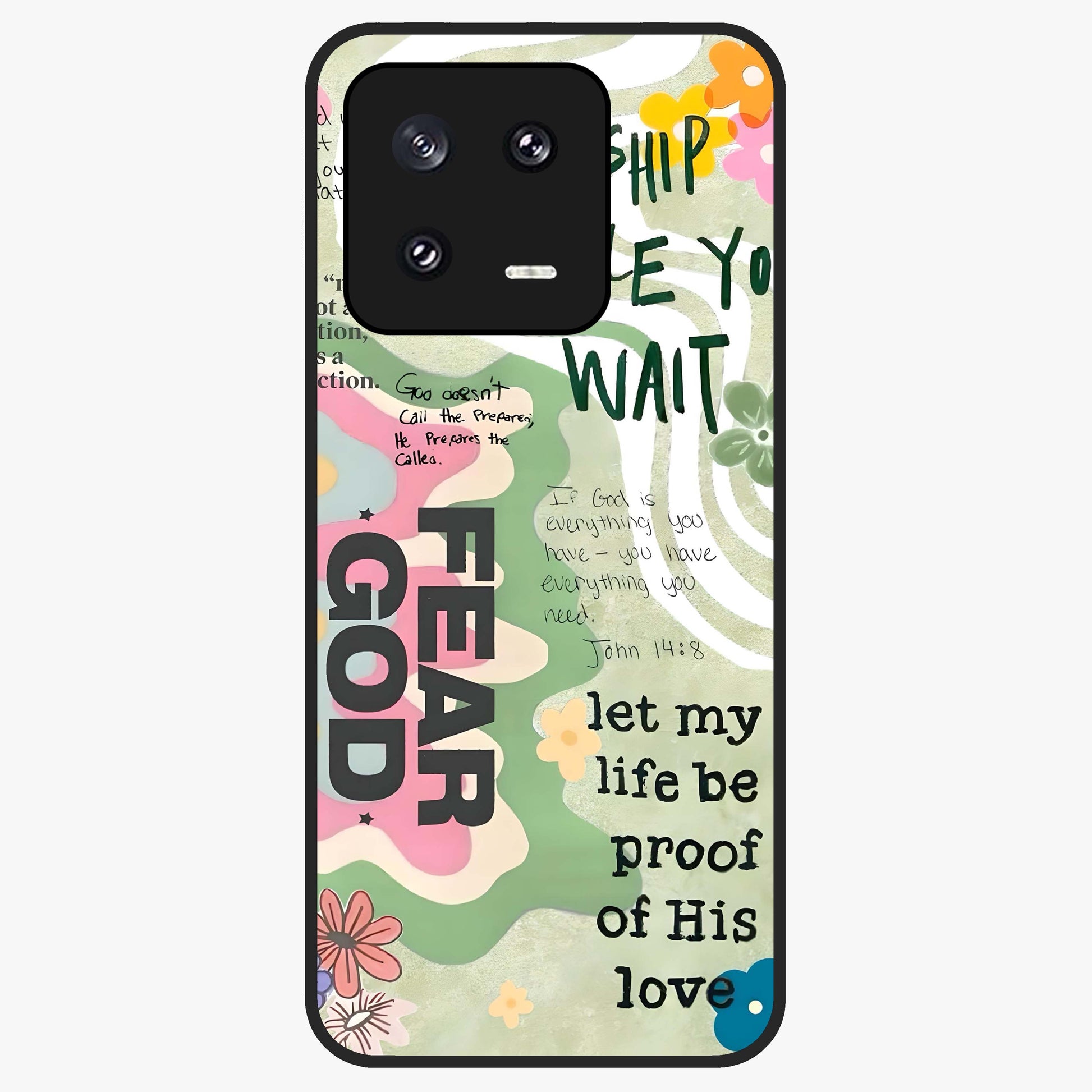 Faith Over Fear Glass Case showing flat back view with motivational typography artwork and glossy glass finish.