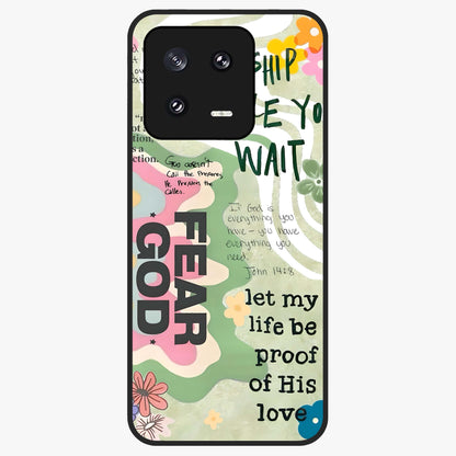 Faith Over Fear Glass Case showing flat back view with motivational typography artwork and glossy glass finish.
