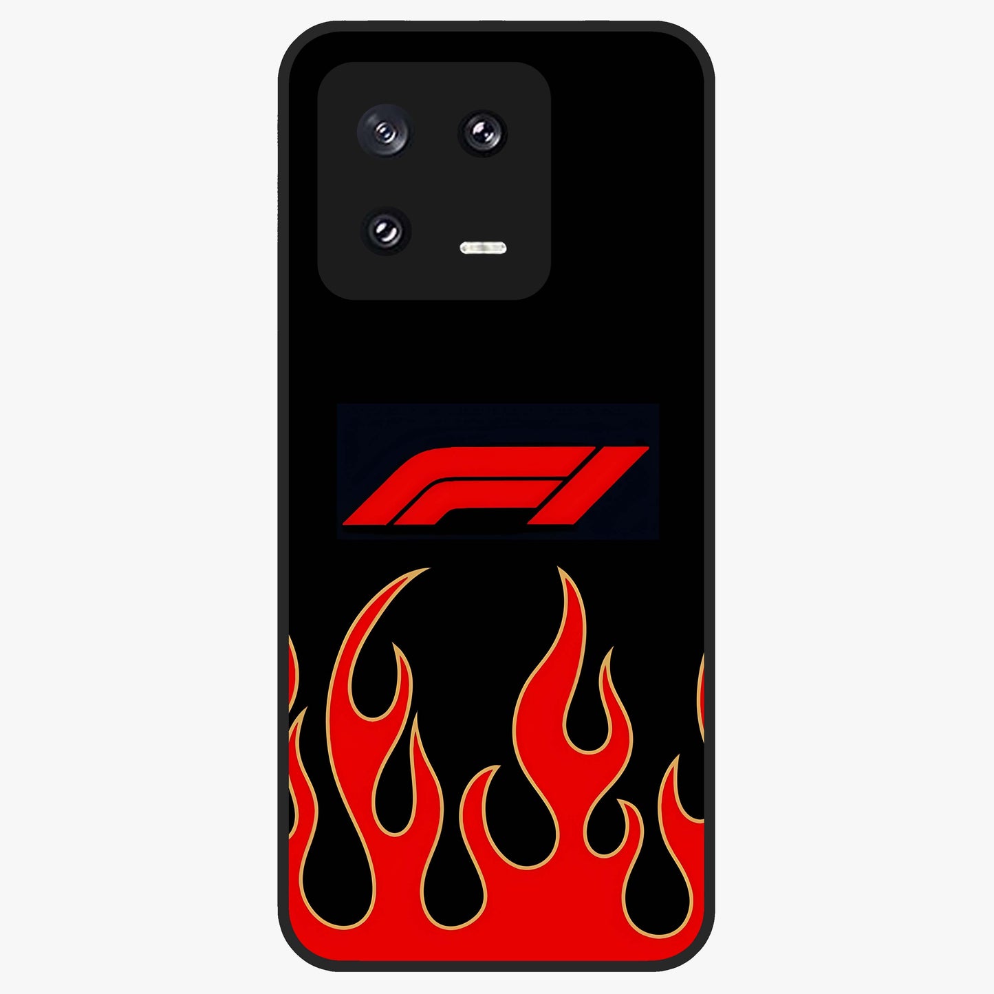 Fire F11 Glass Case showing flat back view with fiery themed artwork and glossy glass finish.