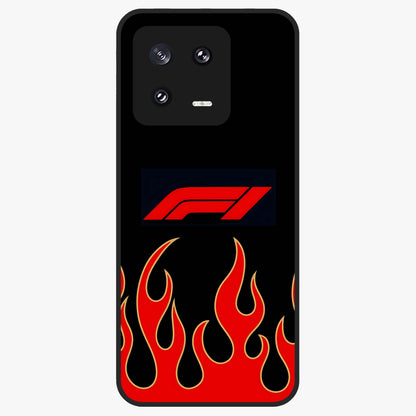 Fire F11 Glass Case showing flat back view with fiery themed artwork and glossy glass finish.