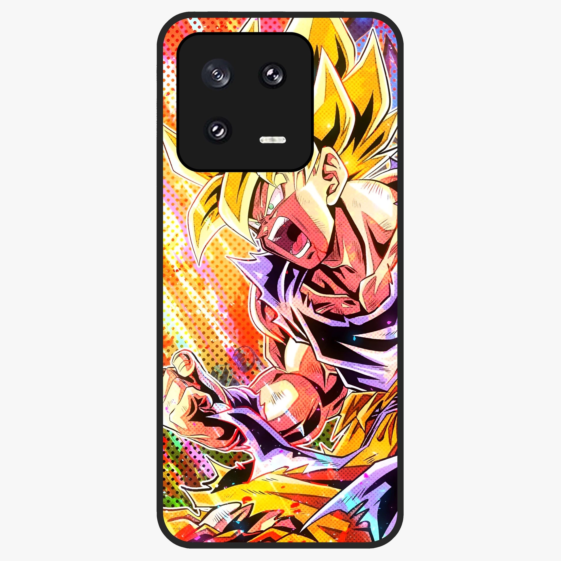 Firing Goku Glass Case showing flat back view with powerful anime inspired artwork and glossy glass finish.