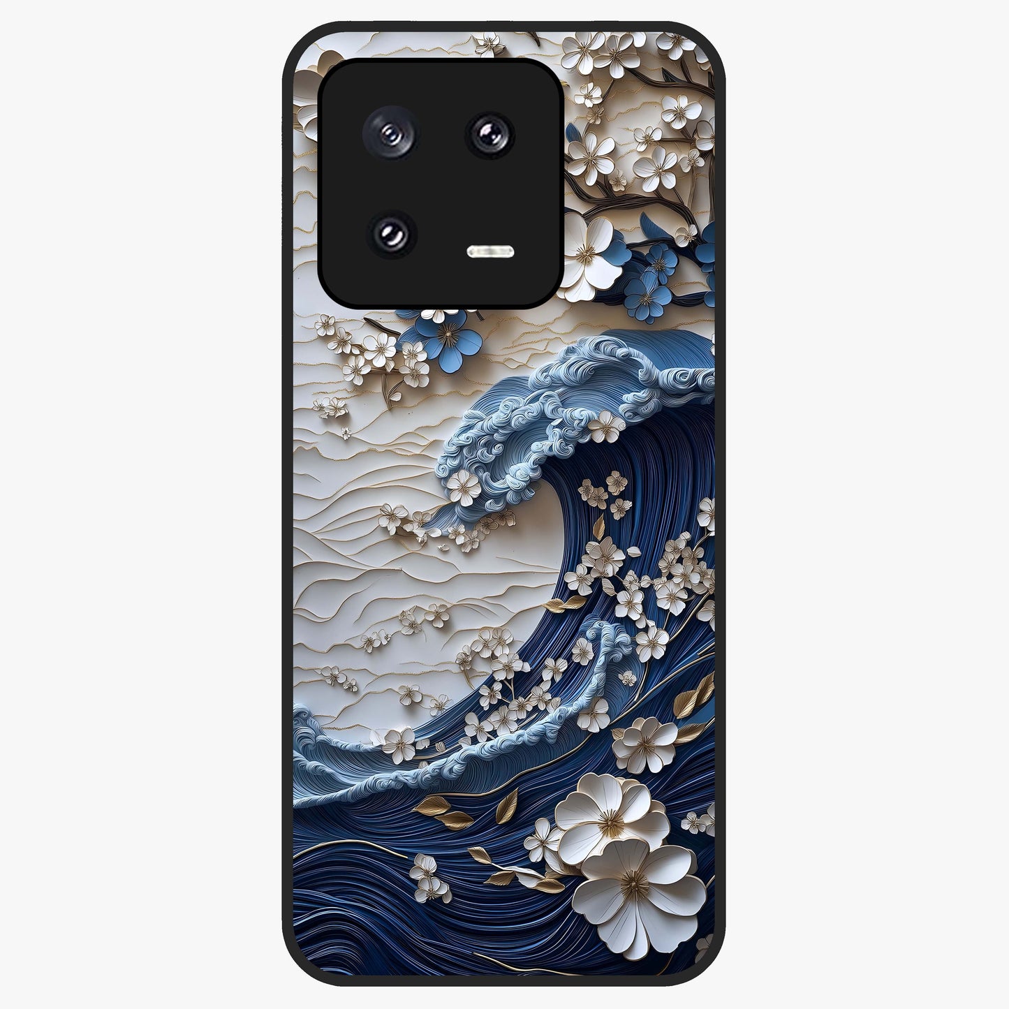 Floral Wave Origami Glass Case showing flat back view with origami inspired floral wave artwork and glossy glass finish.