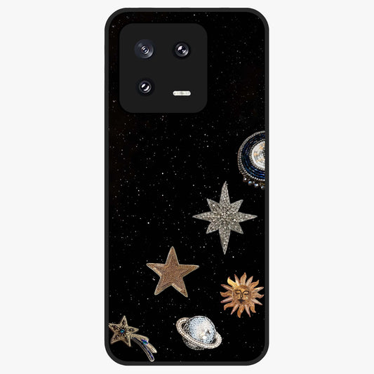 Galactic Charm Glow Glass Case showing flat back view with glowing celestial charm artwork and glossy glass finish.