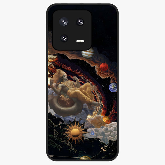 Galactic Divine God Glass Case showing flat back view with divine cosmic themed artwork and glossy glass finish.