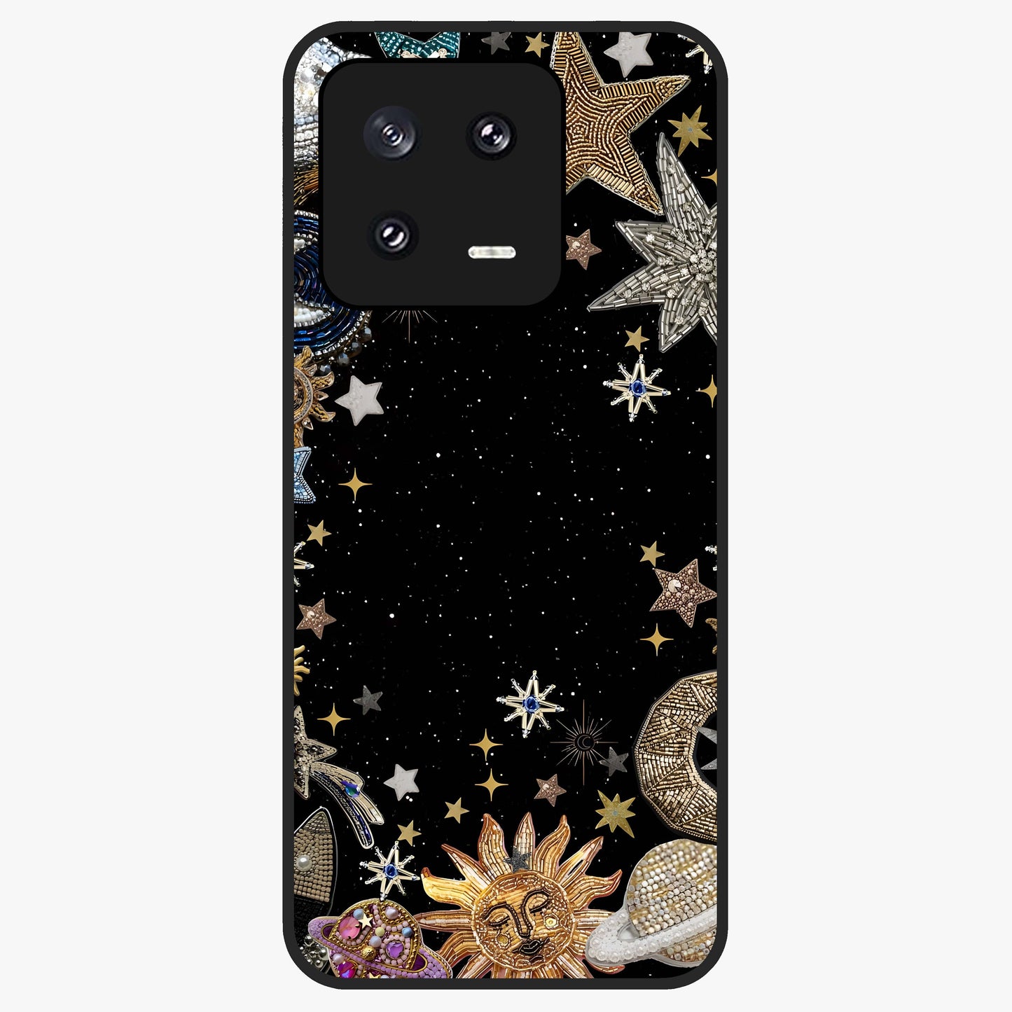 Galactic Jewel Stars Glass Case showing flat back view with sparkling star jewel artwork and glossy glass finish.