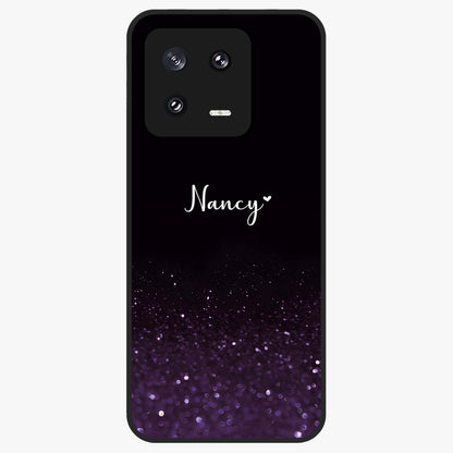 Glittery Purple Bokeh Custom Name Glass Case showing flat back view with purple bokeh sparkle artwork and personalized name design.
