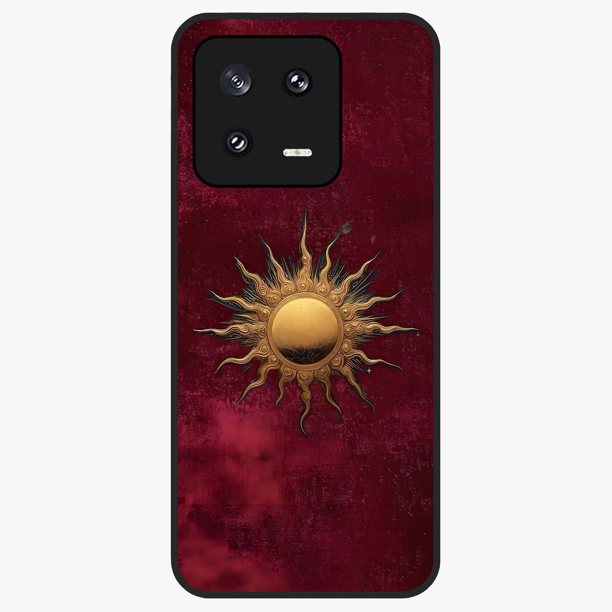 Gold Sun Blush Glass Case showing flat back view with golden sun inspired artwork and glossy glass finish.