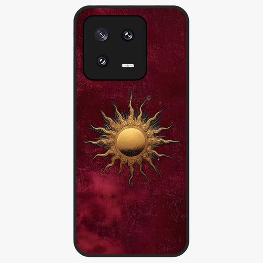 Gold Sun Blush Glass Case showing flat back view with golden sun inspired artwork and glossy glass finish.
