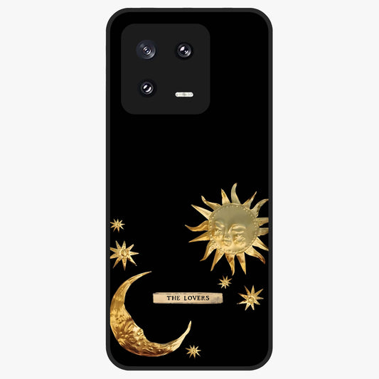 Golden Celestial Charm Glass Case showing flat back view with golden celestial charm artwork and glossy glass finish.
