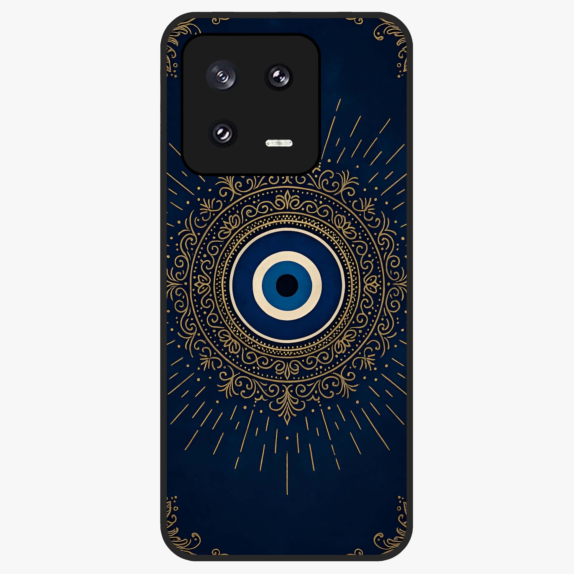 Golden Evil Eye Mandala Glass Case showing flat back view with intricate evil eye mandala artwork and glossy glass finish.