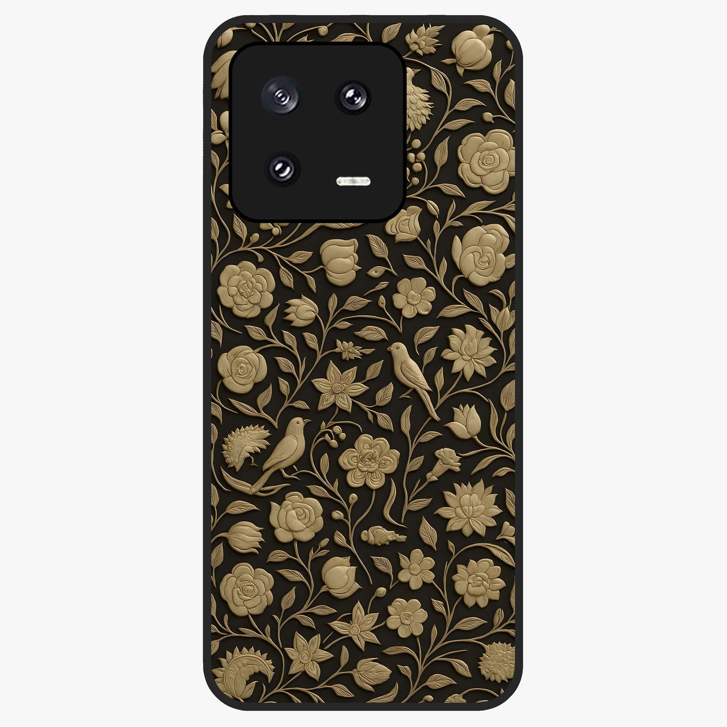 Golden Floral Majesty Glass Case showing flat back view with luxurious golden floral artwork and glossy glass finish.