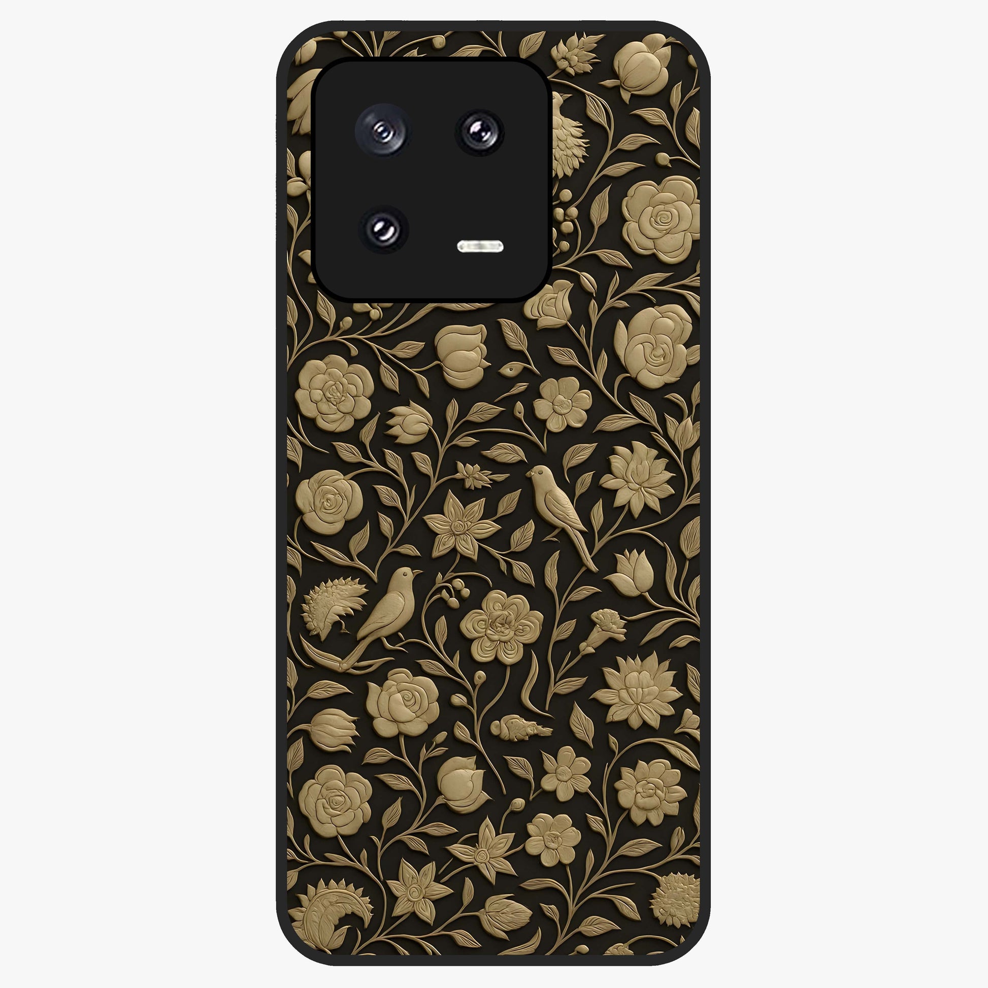 Golden Floral Majesty Glass Case showing flat back view with luxurious golden floral artwork and glossy glass finish.