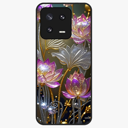 Golden Lotus Glow Glass Case showing flat back view with glowing lotus flower artwork and glossy glass finish.