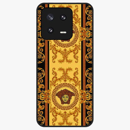 Golden Royal Heritage Glass Case showing flat back view with ornate royal pattern artwork and glossy glass finish.