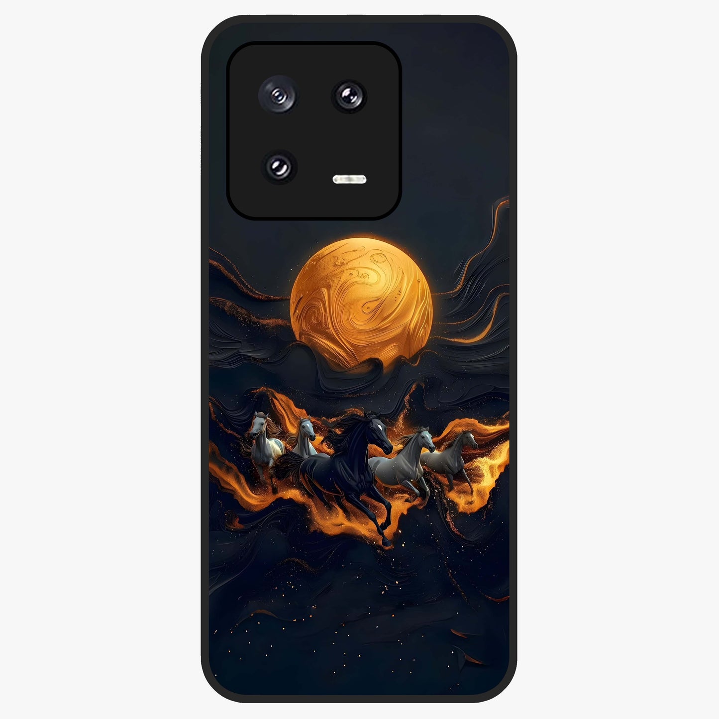 Golden Stallion Moonride Glass Case showing flat back view with majestic horse under moonlight artwork and glossy glass finish.