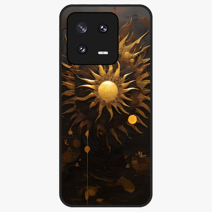 Golden Sun Majesty Glass Case showing flat back view with radiant golden sun artwork and glossy glass finish.