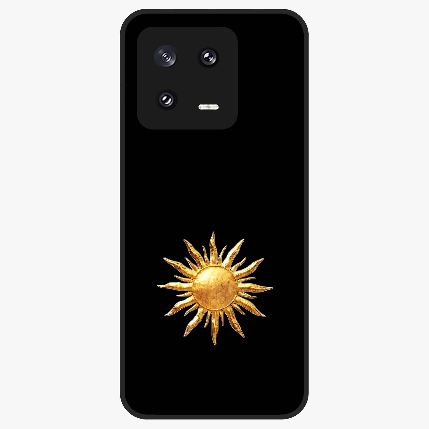 Golden Sun Minimalism Glass Case showing flat back view with minimal golden sun artwork and glossy glass finish.