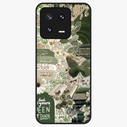 Green Islamic Books Quotes Glass Case showing flat back view with Islamic quotes and book themed artwork and glossy glass finish.