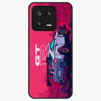 GT-R Car Pattern Glass Case showing flat back view with sporty car inspired pattern artwork and glossy glass finish.