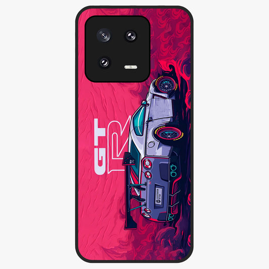 GT-R Car Pattern Glass Case showing flat back view with sporty car inspired pattern artwork and glossy glass finish.