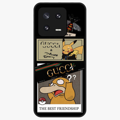 Gucci Play Mashup Glass Case showing flat back view with luxury inspired graphic artwork and glossy glass finish.