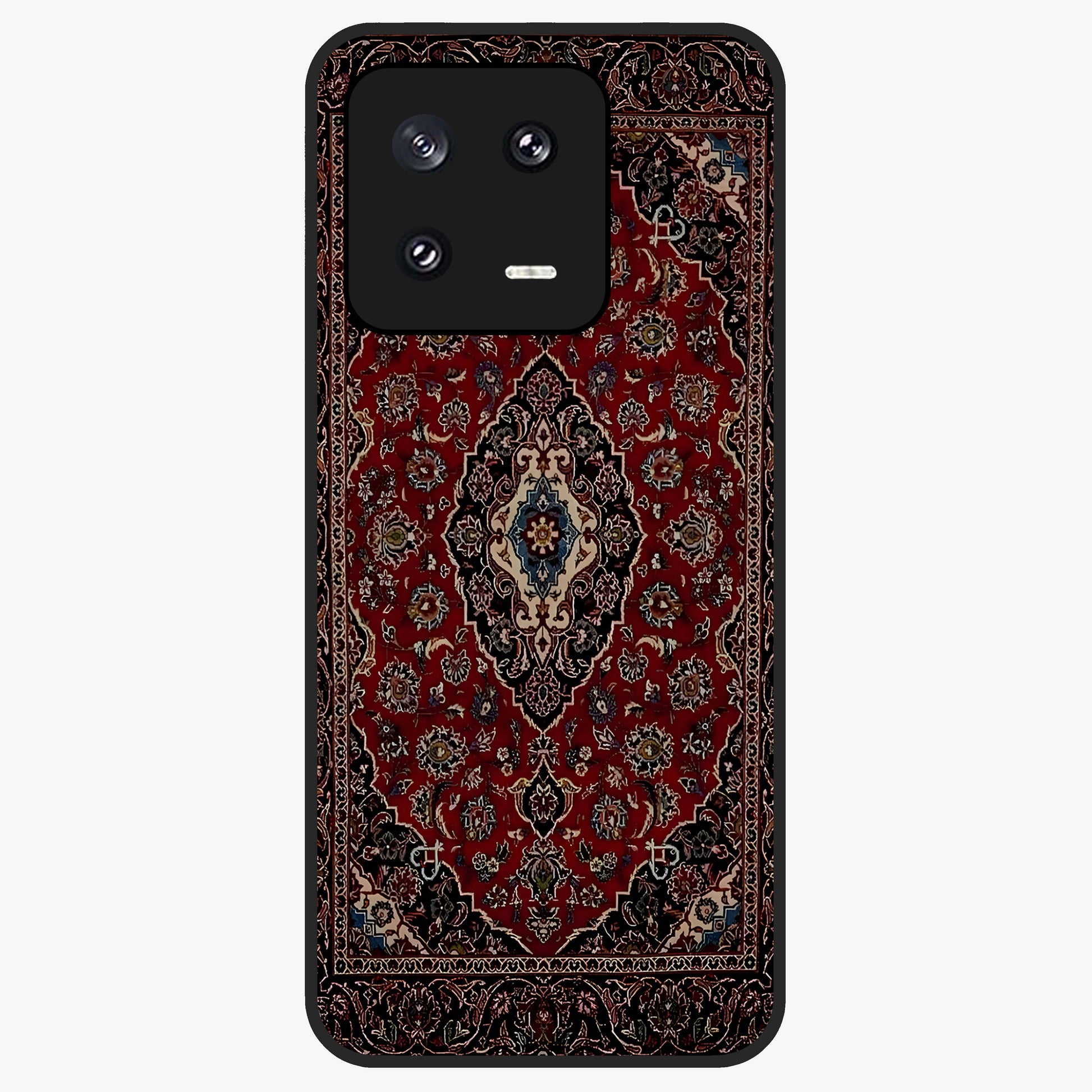 Heritage Carpet Royale Glass Case showing flat back view with ornate Persian carpet inspired pattern and glossy glass finish.