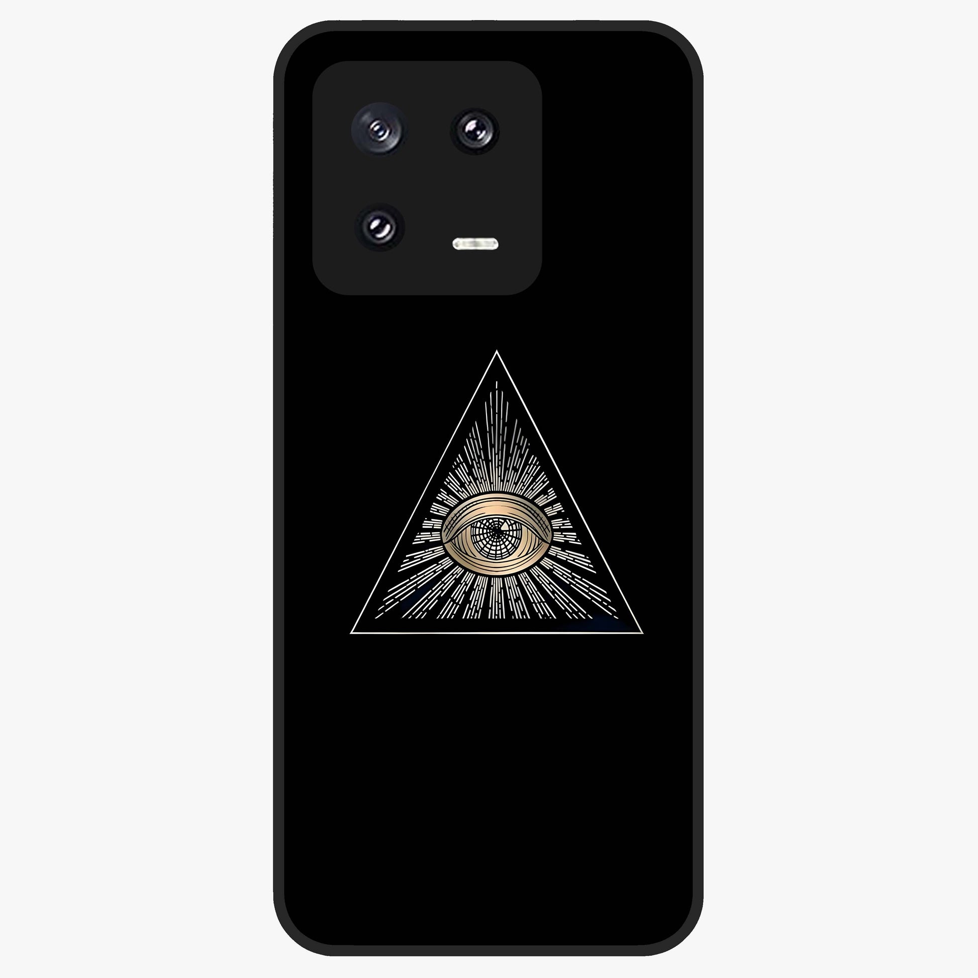 Illuminati Evil Glass Case showing flat back view with mysterious illuminati symbol artwork and glossy glass finish.