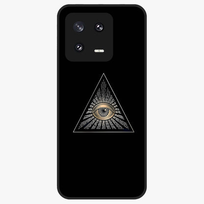 Illuminati Evil Glass Case showing flat back view with mysterious illuminati symbol artwork and glossy glass finish.