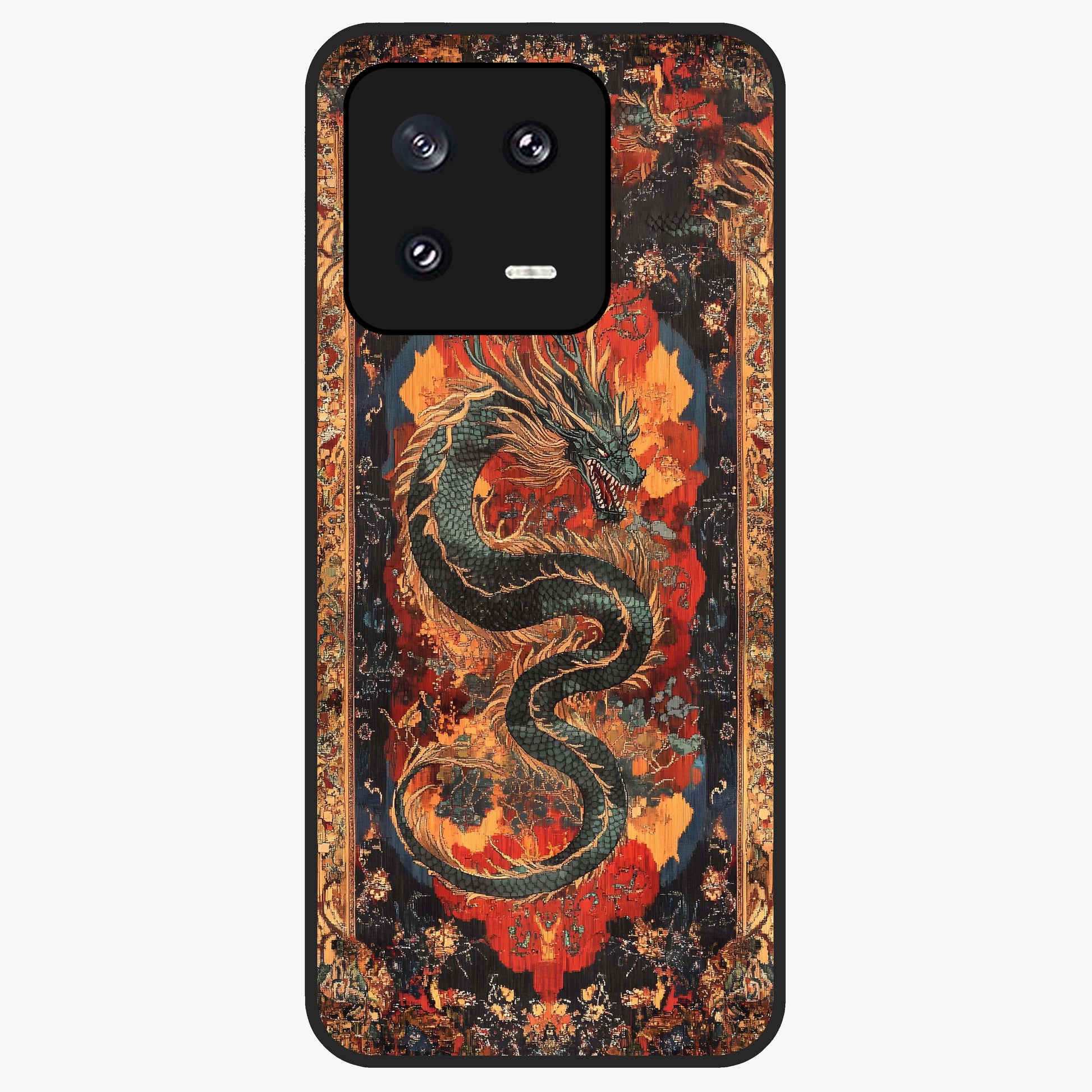 Inferno Dragon Soul Glass Case showing flat back view with fiery dragon artwork and glossy glass finish.